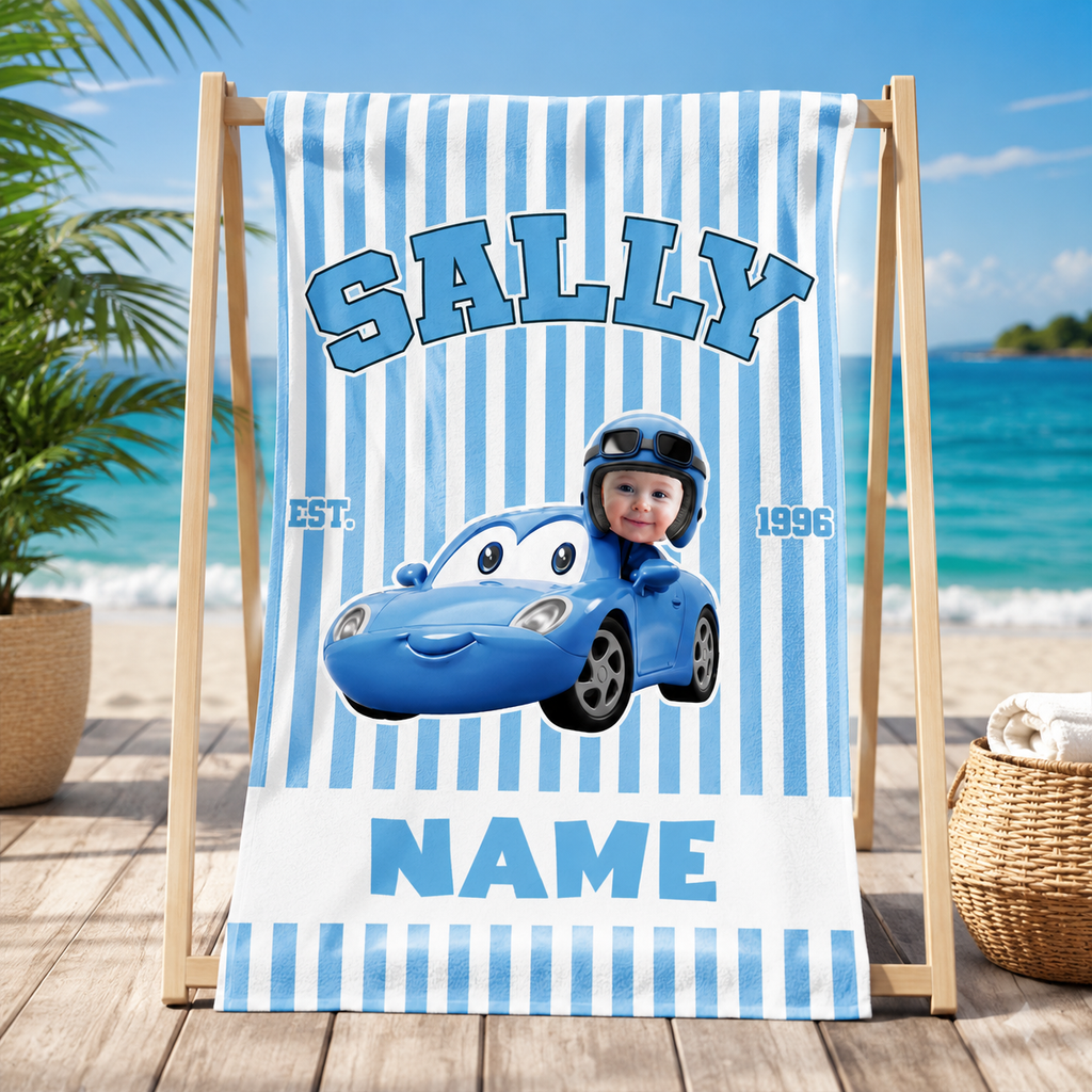 Personalized Cartoon Racing Car Beach Towel Custom Name Gift for Kids