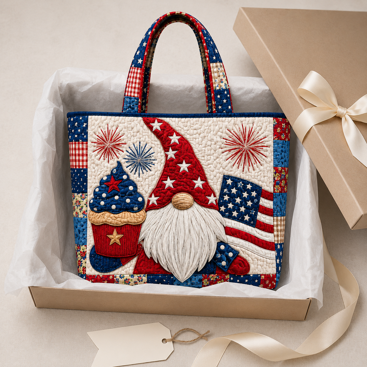 Patriotic Quilted Tote Bag with Gnome Cupcake Design for Her