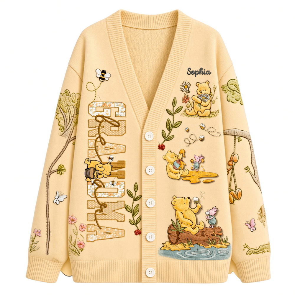 Personalized Honey Bear Knit Cardigan Custom Name Gift for Grandma Mom Cardigan GradoCreations