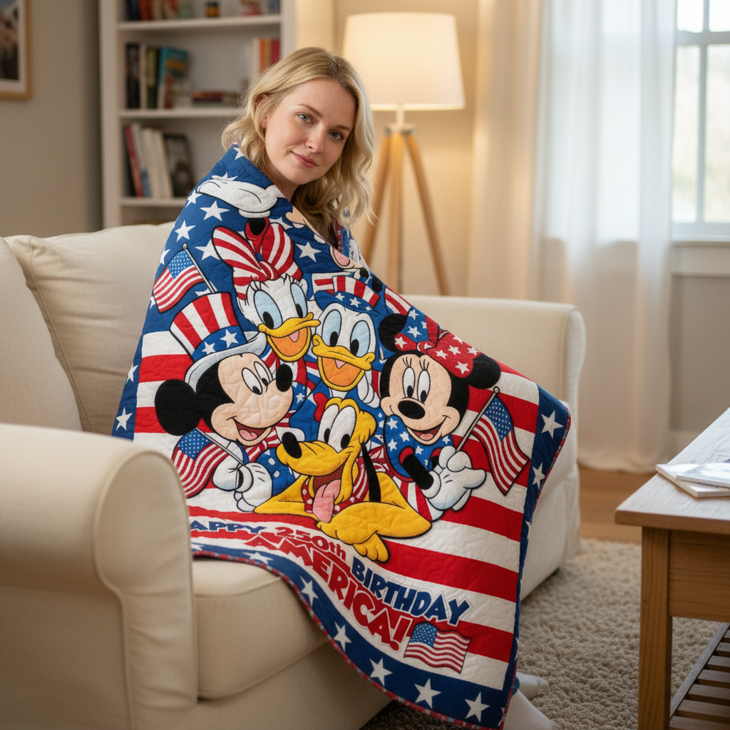 Personalized Patriotic Blanket Featuring Disney Characters – 250th Anniversary Gift for Family and Movie Fans
