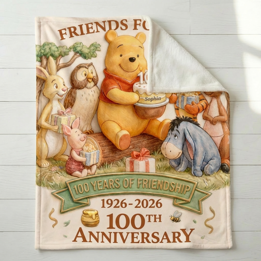 Personalized Winnie the Pooh Blanket 100th Anniversary Gift for Movie Fans