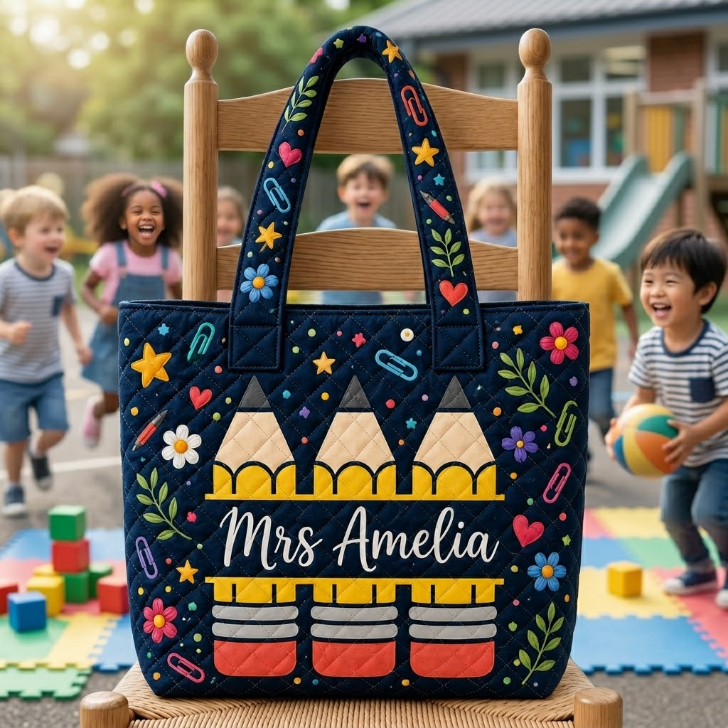 Personalized Quilted Tote Bag with Teacher Pencil Design Gift for Educators