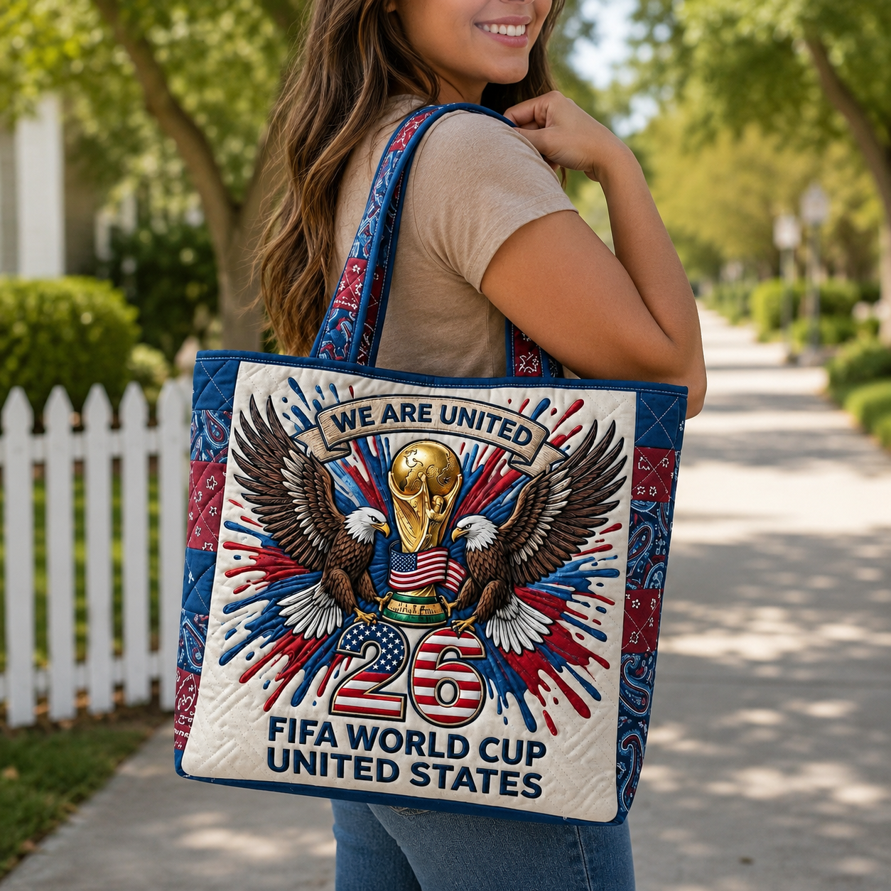 Patriotic Quilted Tote Bag 2026 FIFA World Cup Eagle Gift for Soccer Fans