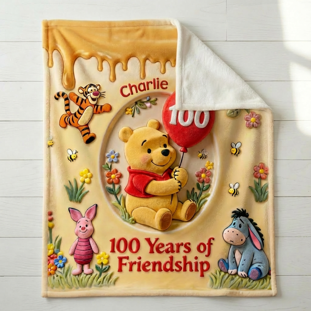 Personalized Winnie the Pooh Blanket 100 Years of Friendship Gift for Movie Fans