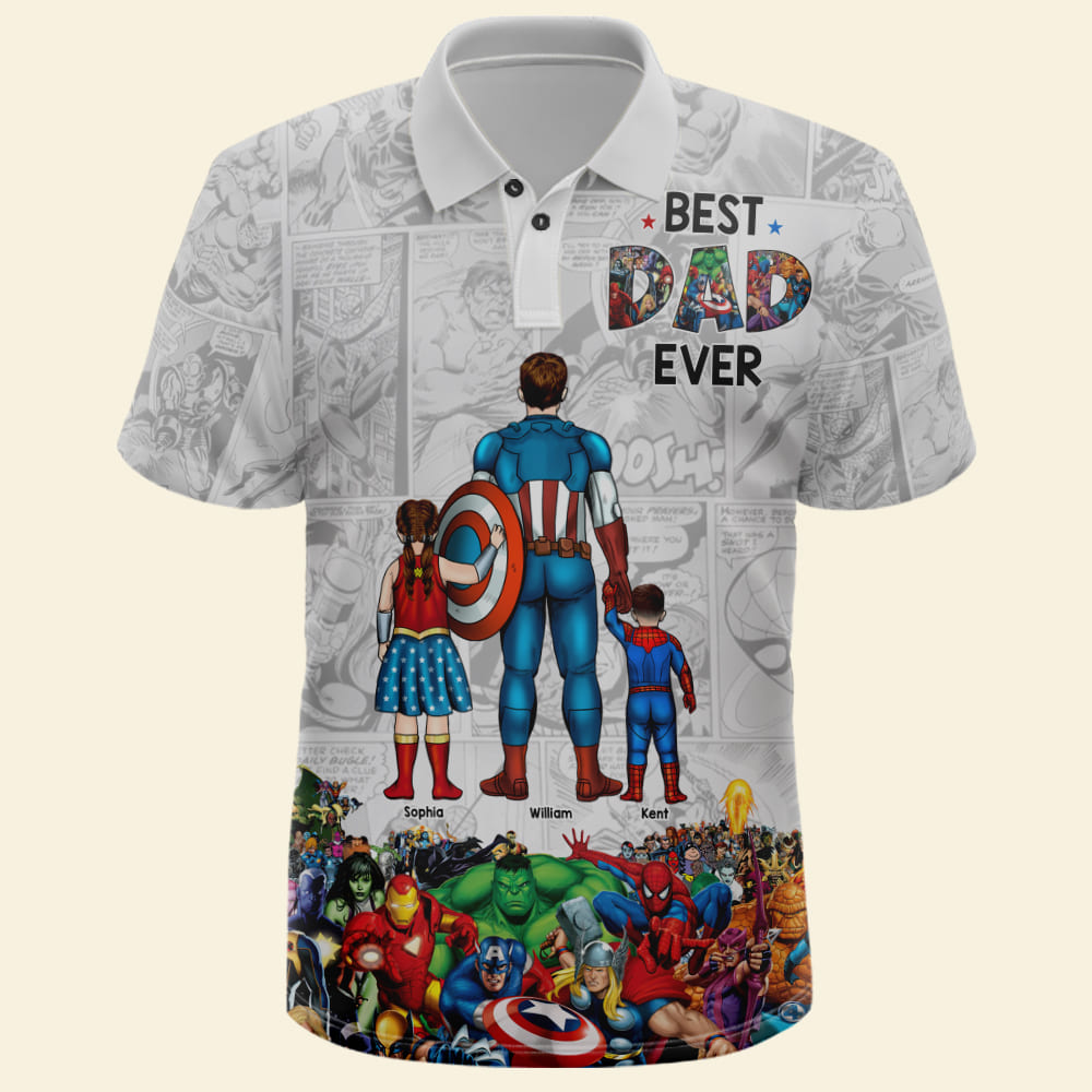 Personalized Best Dad Ever Superhero Polo Shirt Gift for Dad