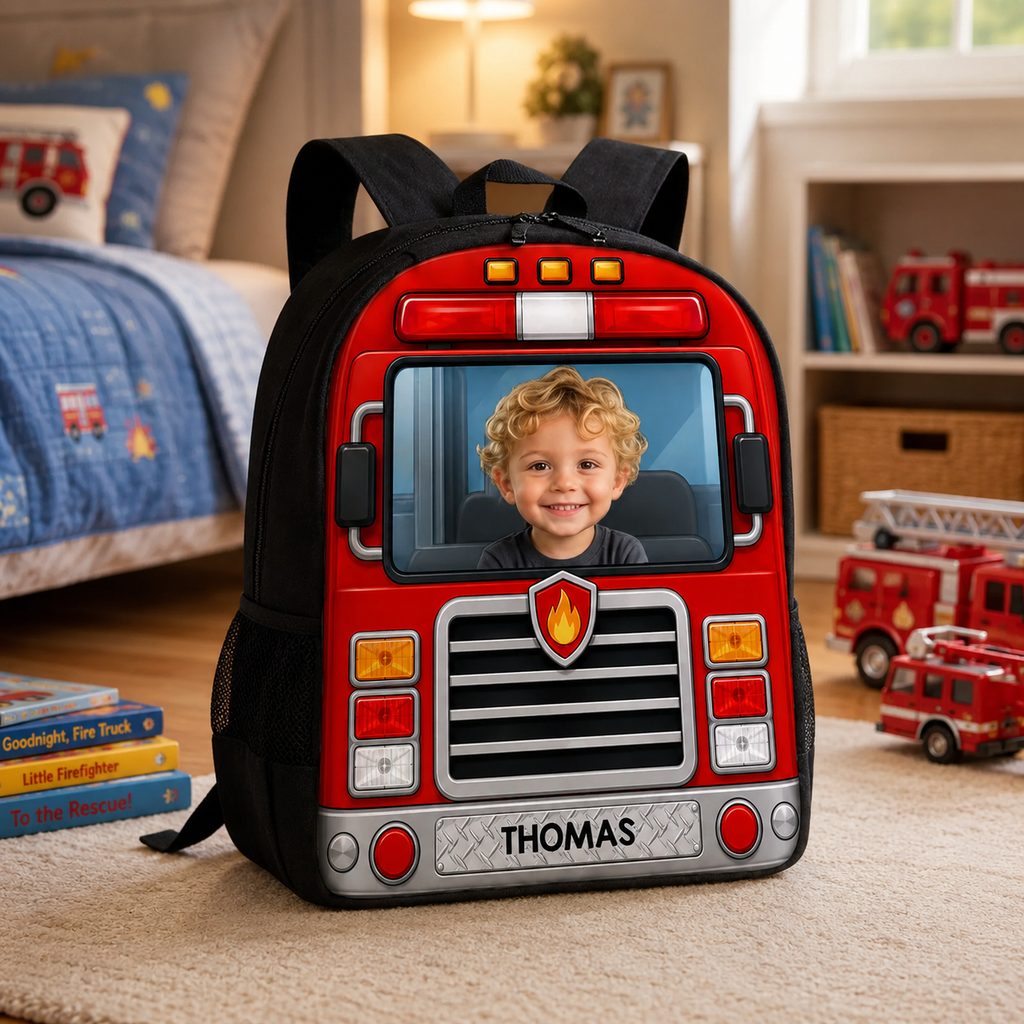Personalized Kids School Bus Backpack Set with Photo and Name - Lunch Bag, Pencil Case & Water Bottle Gift
