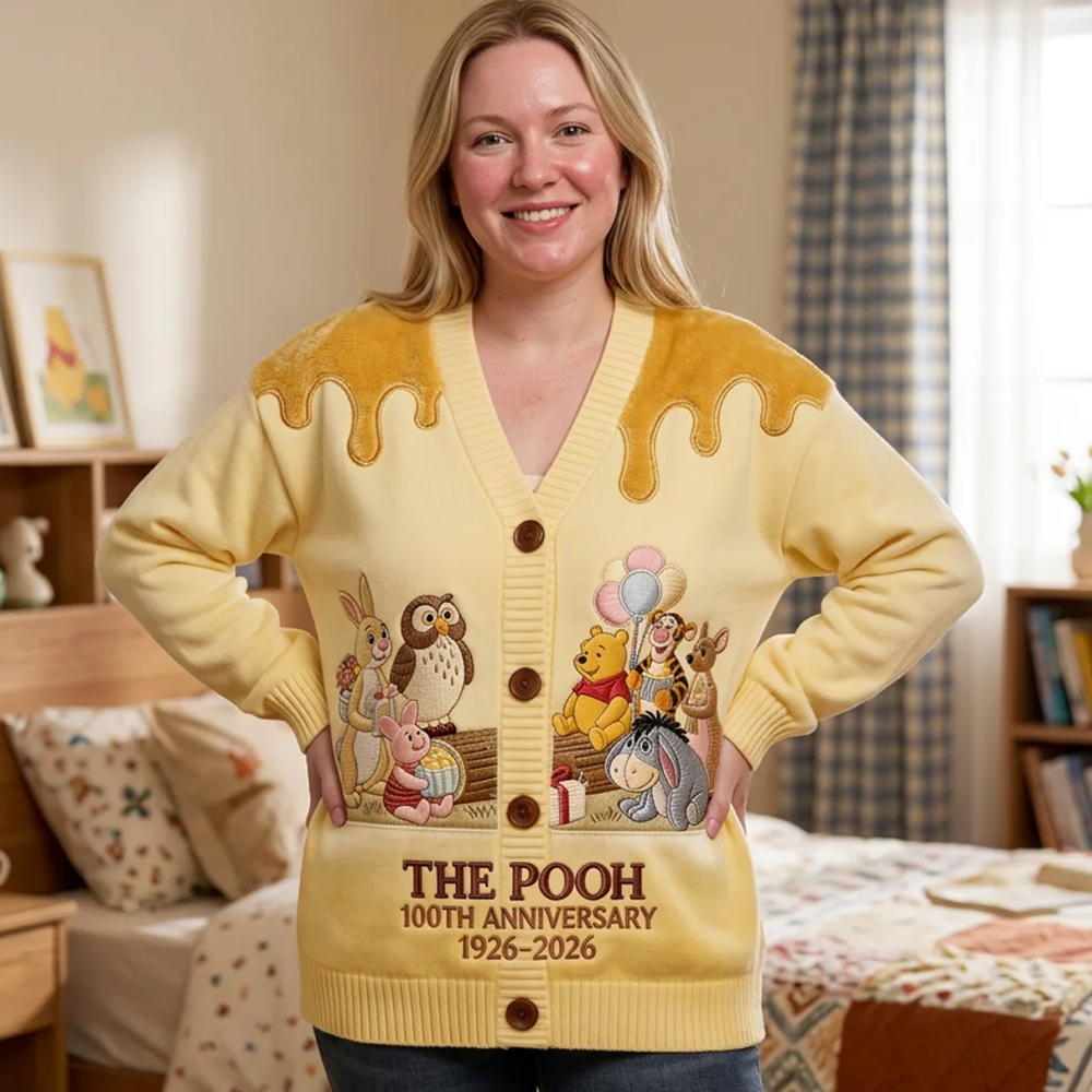 Personalized Knitted Cardigan with Pooh Characters Gift for Her Cardigan GradoCreations