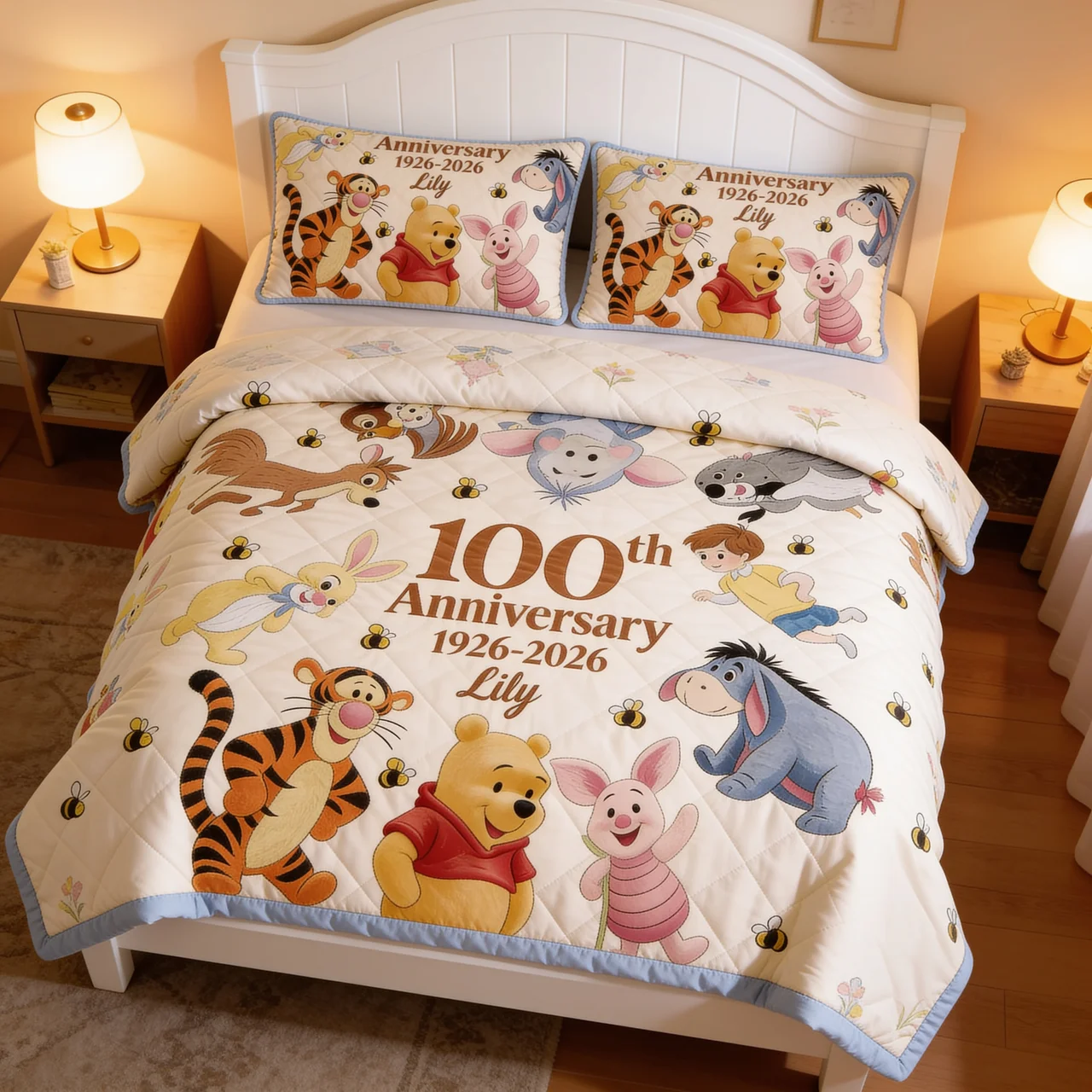 Personalized Quilted Bedding Set Honey Bear 100th Anniversary Gift for Family Quilted Bedding Set GradoCreations