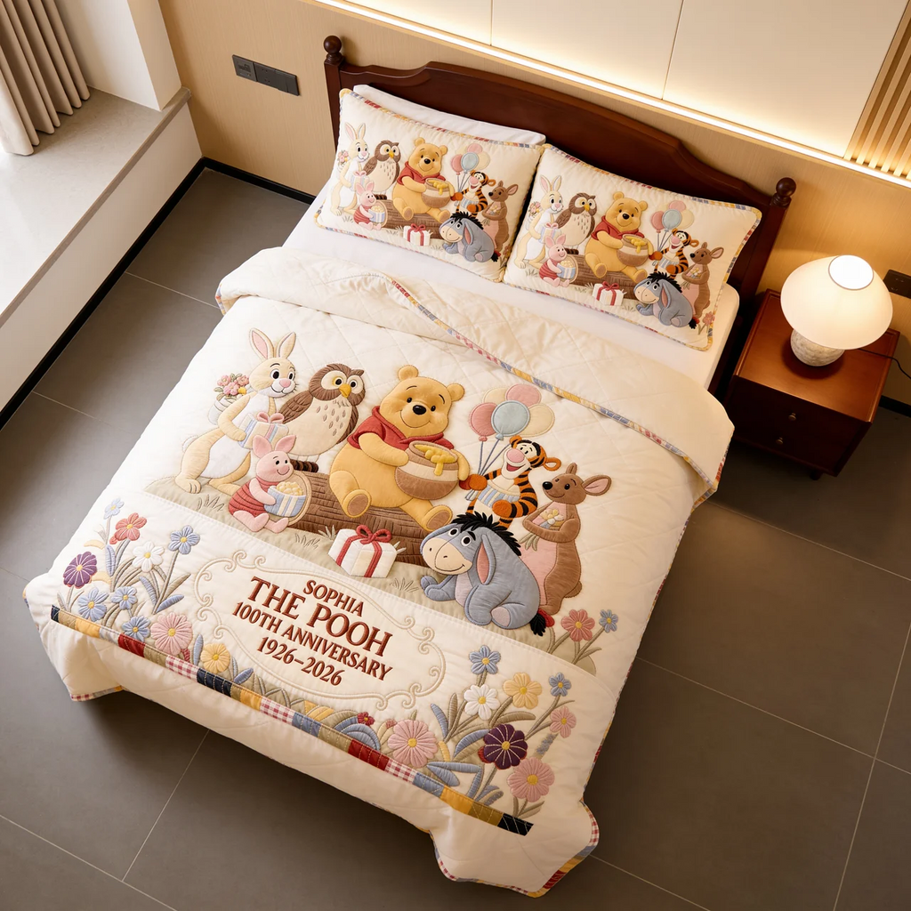 Personalized Winnie the Pooh 100th Anniversary Quilted Bedding Set Gift for Family Quilted Bedding Set GradoCreations