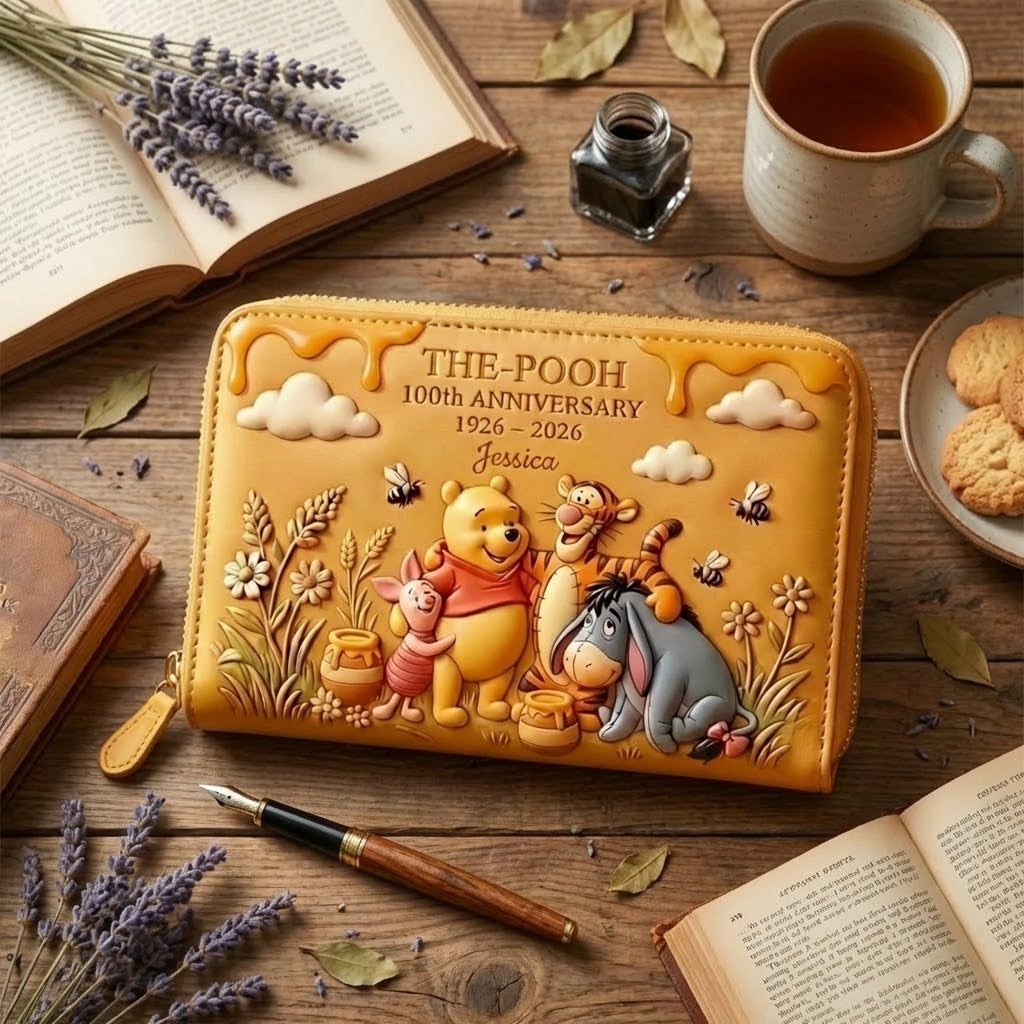 Personalized Leather Long Wallet Pooh Anniversary Gift for Her