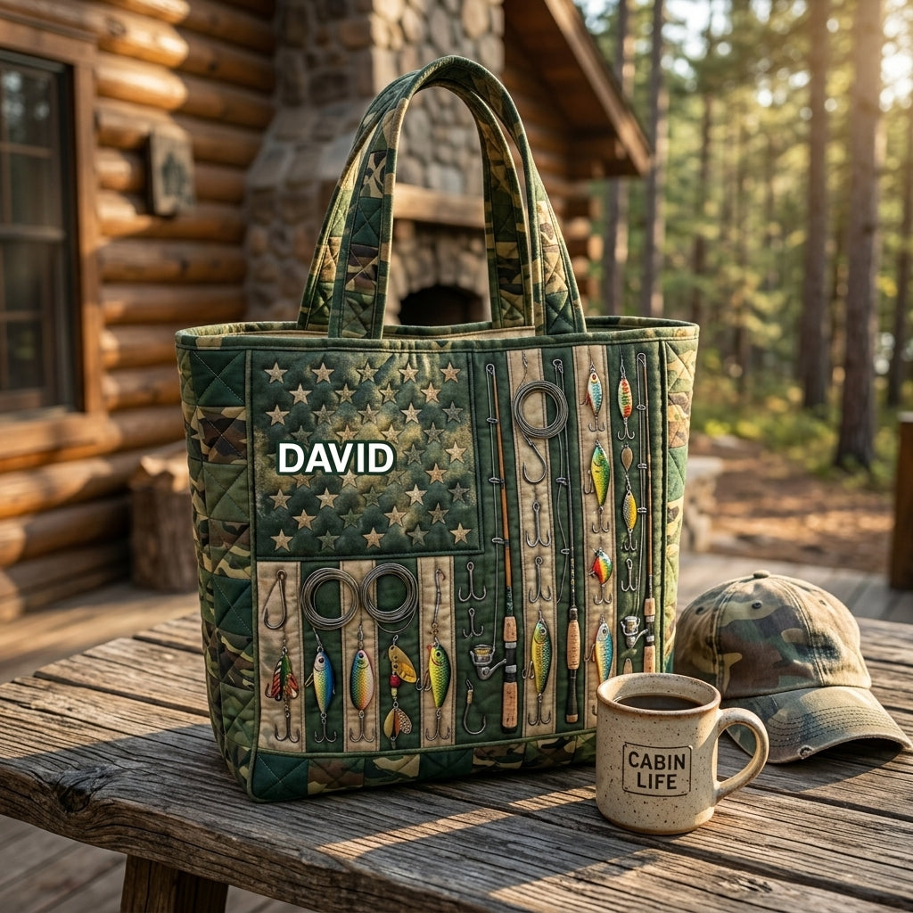Personalized Camo American Flag Fishing Tote Bag Gift for Him