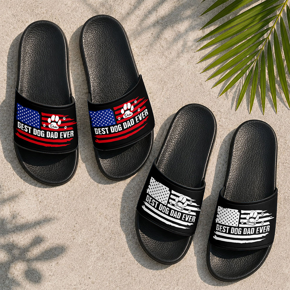 Personalized Slide Sandals Best Dog Dad Ever American Flag Gift HN590 - Slide Sandals GradoCreations