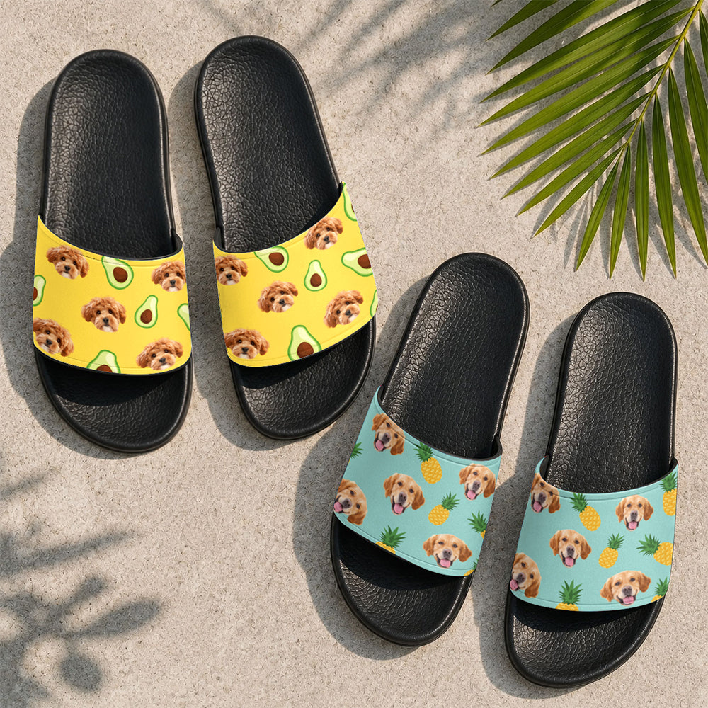 Custom Pet Face Tropical Fruit Slide Sandals Personalized Gift for Pet Lovers HN590 - Slide Sandals GradoCreations