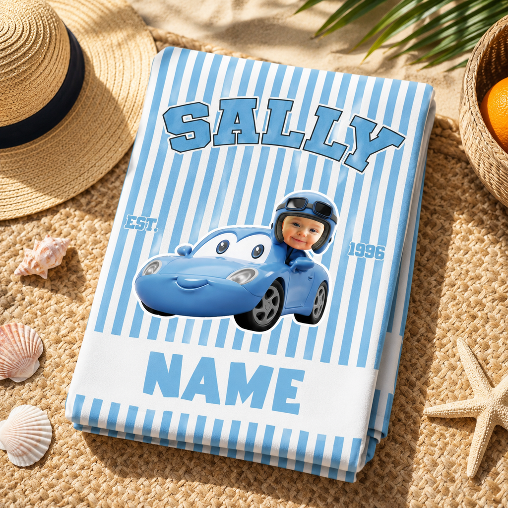 Personalized Cartoon Racing Car Beach Towel Custom Name Gift for Kids