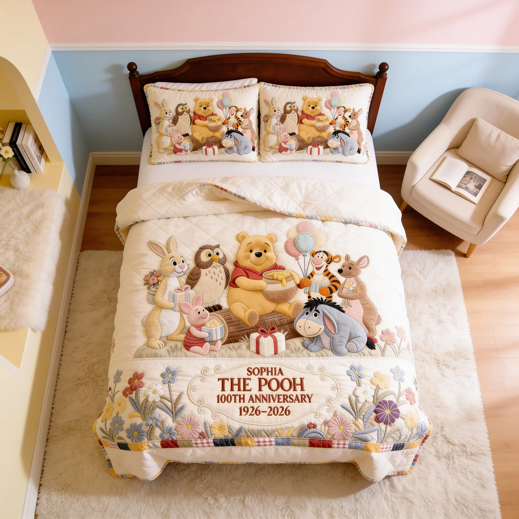 Personalized Winnie the Pooh 100th Anniversary Quilted Bedding Set Gift for Family Quilted Bedding Set GradoCreations