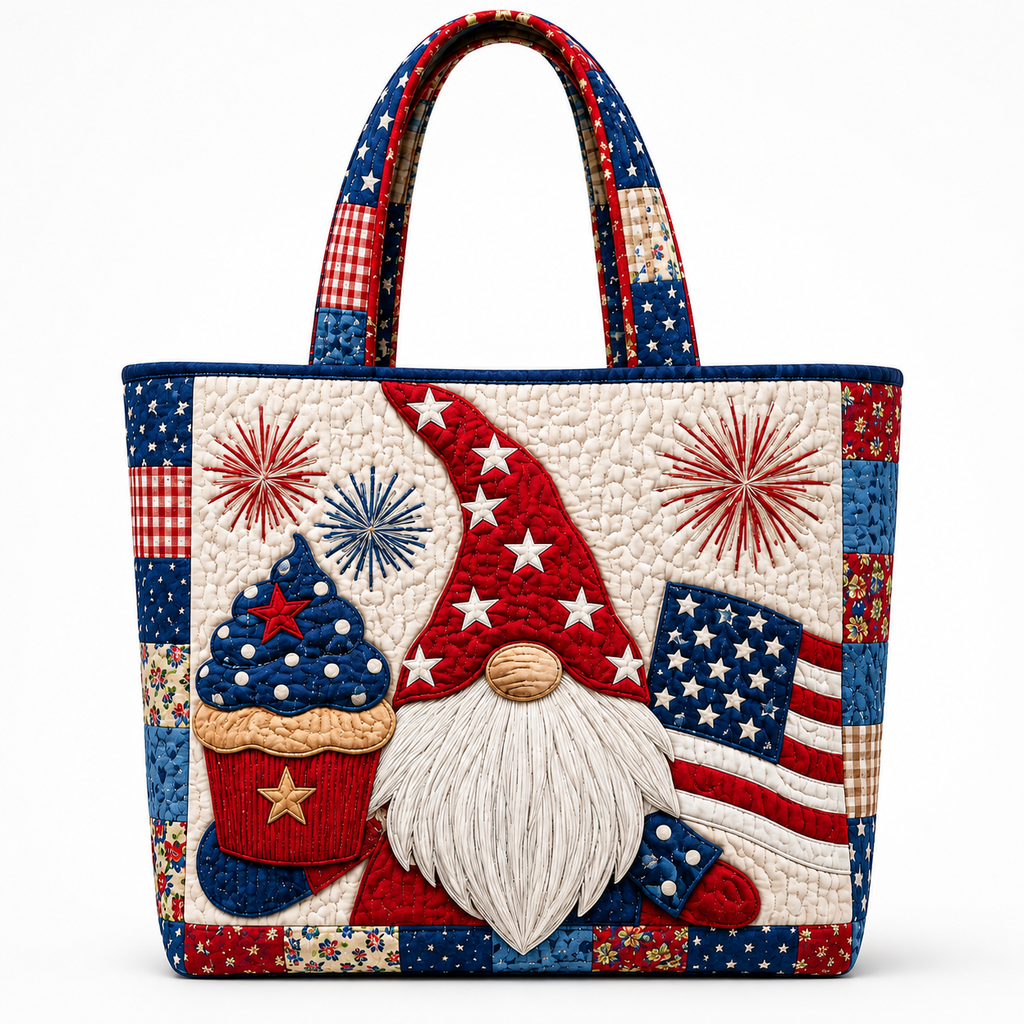 Patriotic Quilted Tote Bag with Gnome Cupcake Design for Her