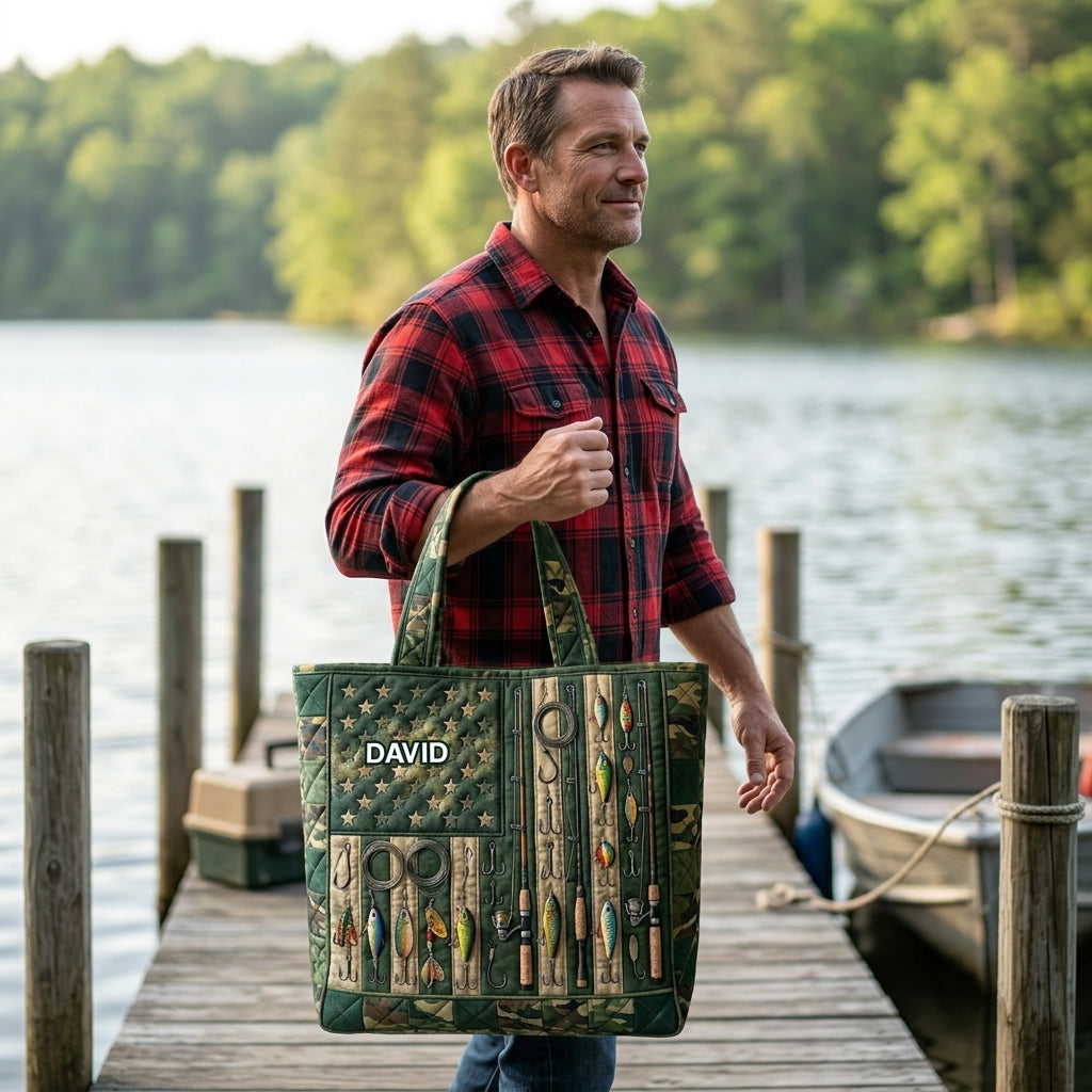 Personalized Camo American Flag Fishing Tote Bag Gift for Him