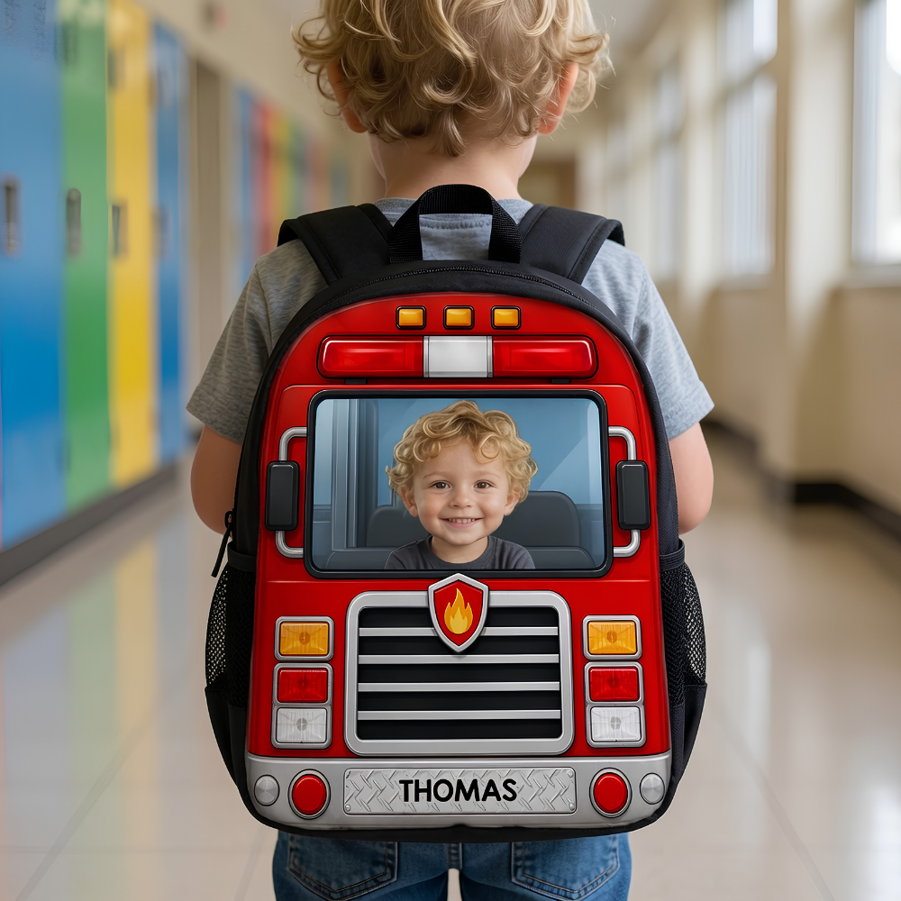 Personalized Kids School Bus Backpack Set with Photo and Name - Lunch Bag, Pencil Case & Water Bottle Gift