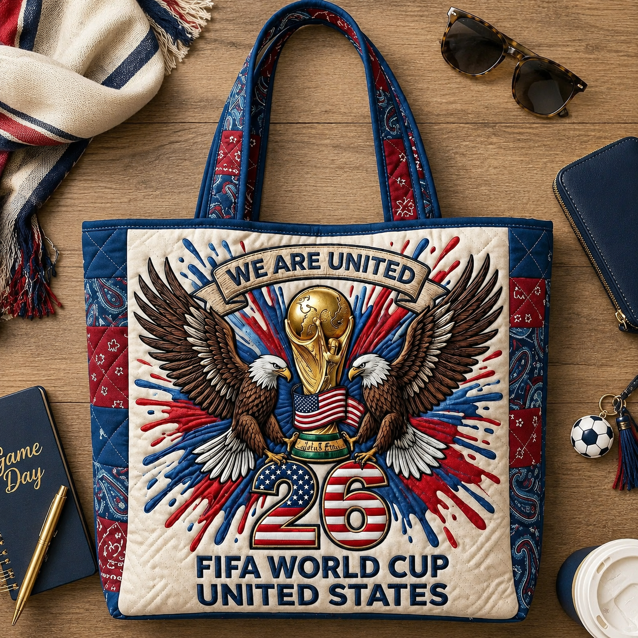 Patriotic Quilted Tote Bag 2026 FIFA World Cup Eagle Gift for Soccer Fans