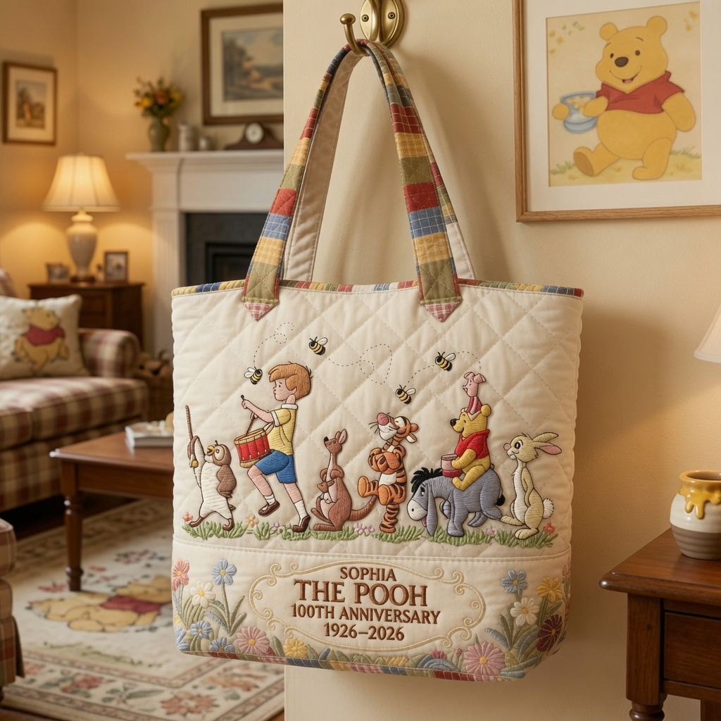 Personalized Quilted Tote Bag with Winnie the Pooh Design Gift for Movie Fans