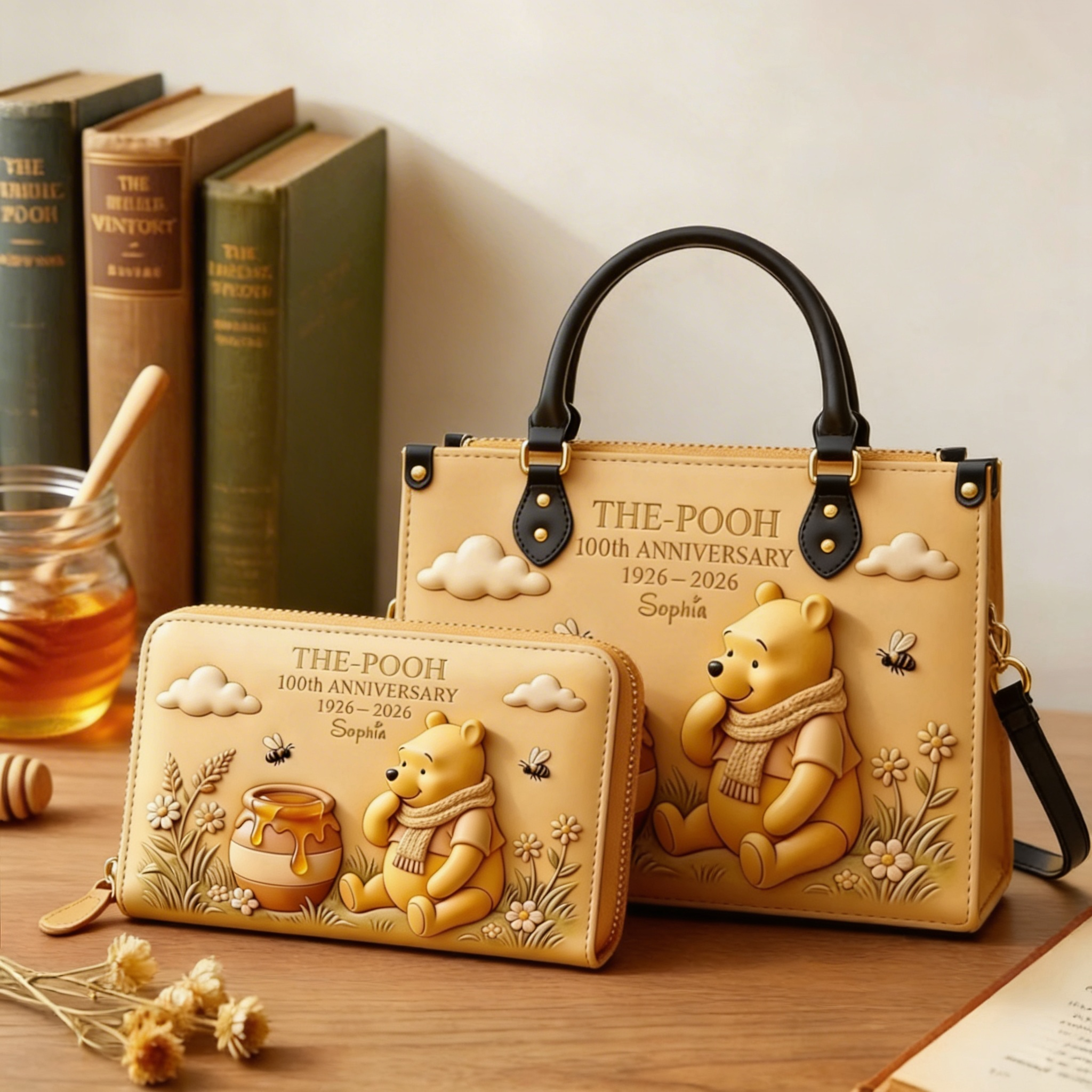 Personalized Pooh 100th Anniversary Leather Wallet Set Gift for Fans