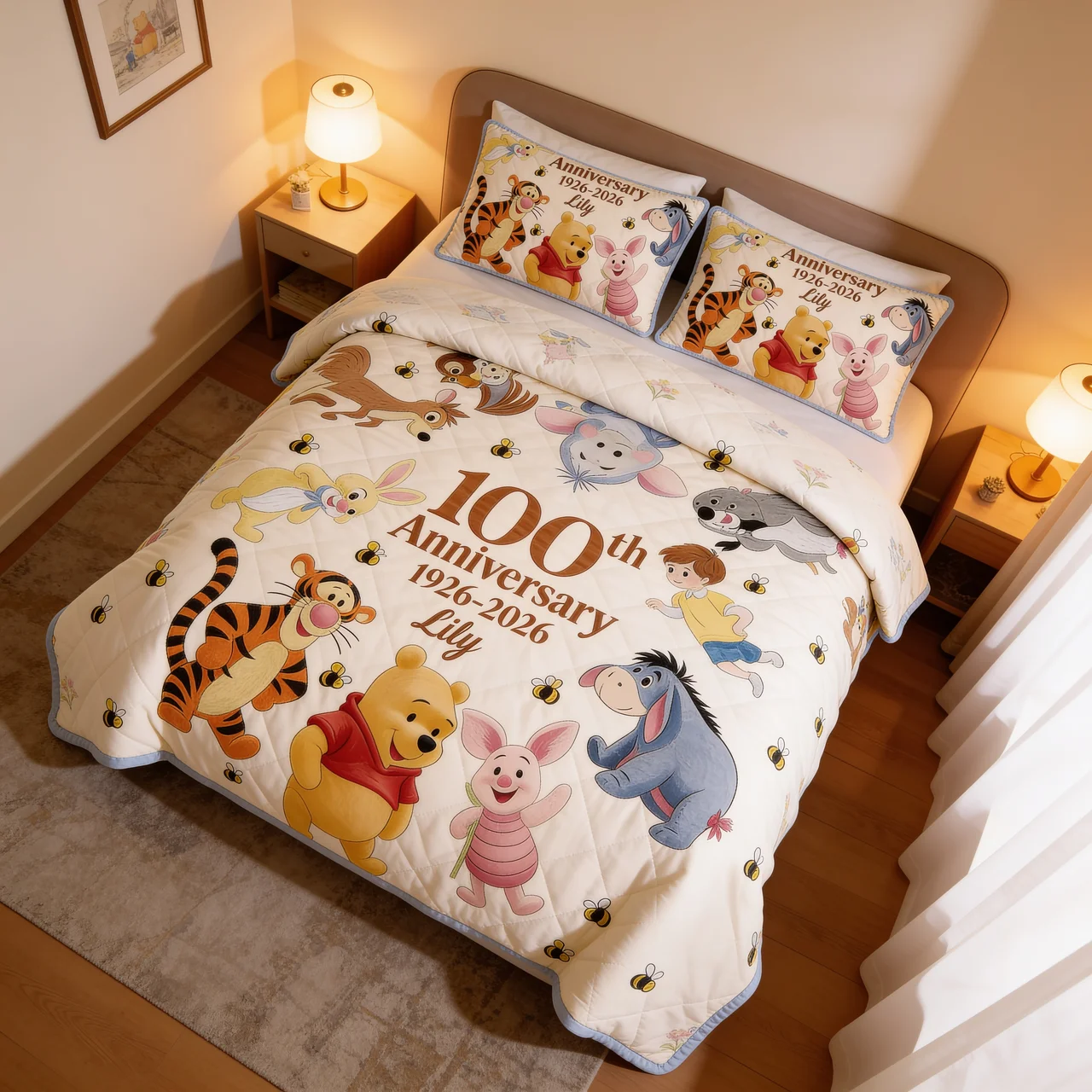 Personalized Quilted Bedding Set Honey Bear 100th Anniversary Gift for Family Quilted Bedding Set GradoCreations