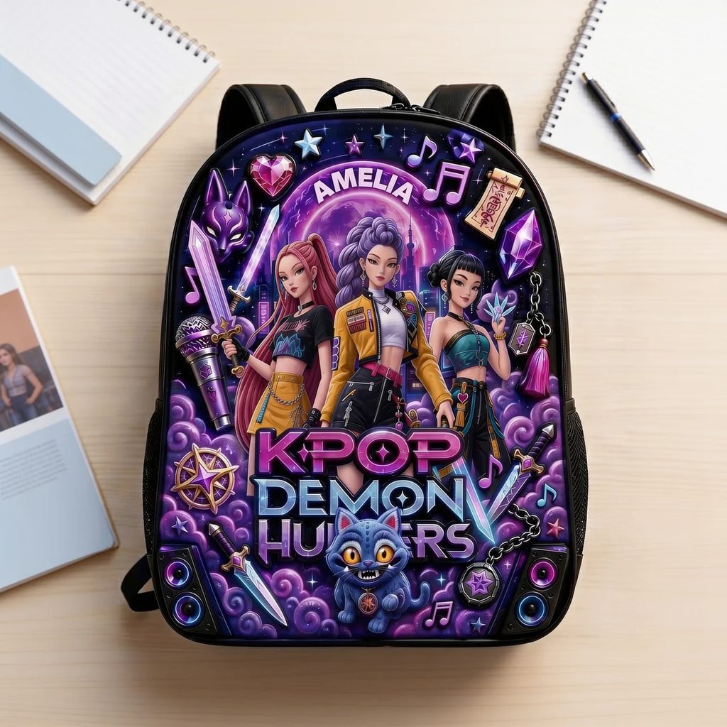 Personalized Kpop Demon Hunters Backpack Set with Lunch Bag, Pencil Case & Water Bottle for Kids School Bag+ GradoCreations