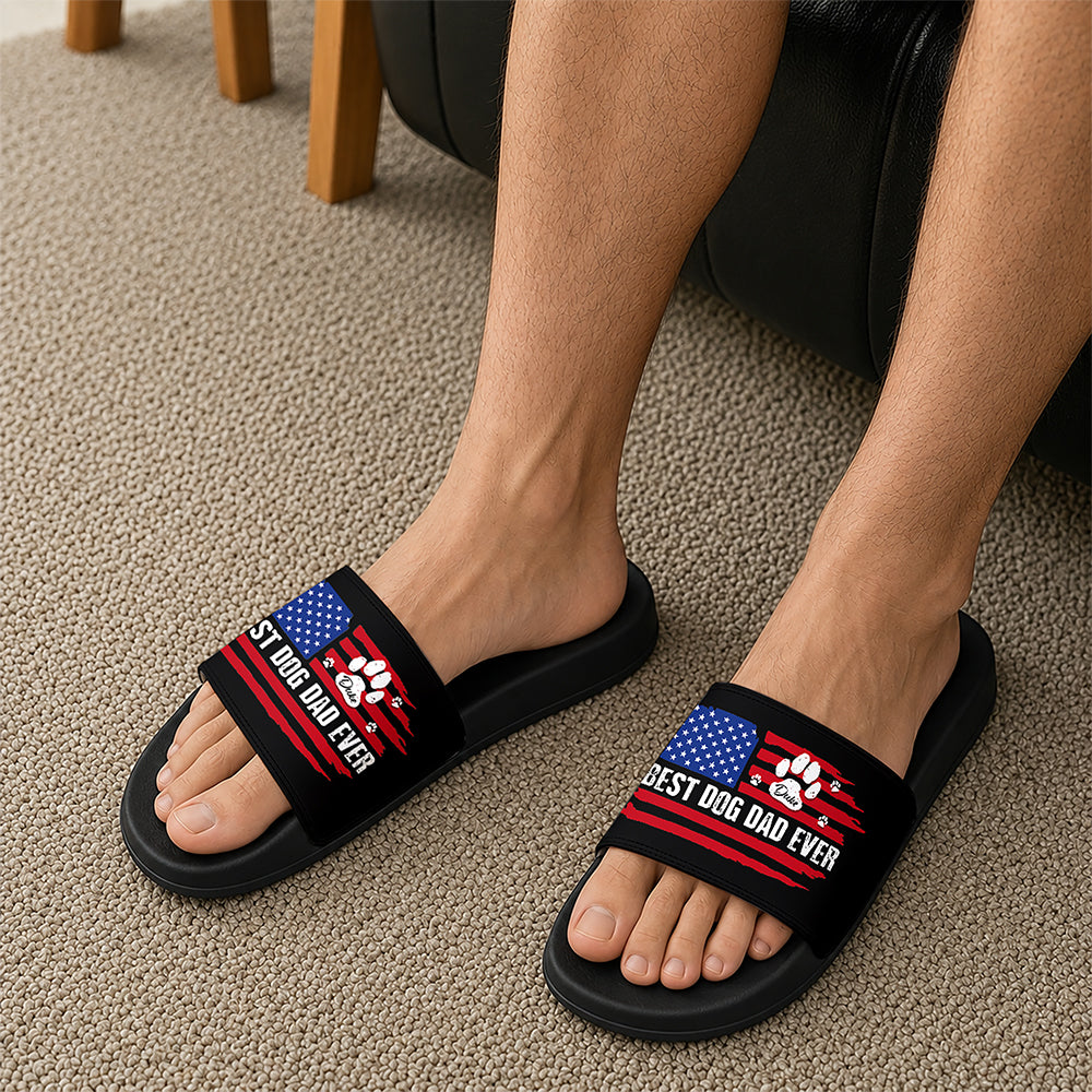 Personalized Slide Sandals Best Dog Dad Ever American Flag Gift HN590 - Slide Sandals GradoCreations