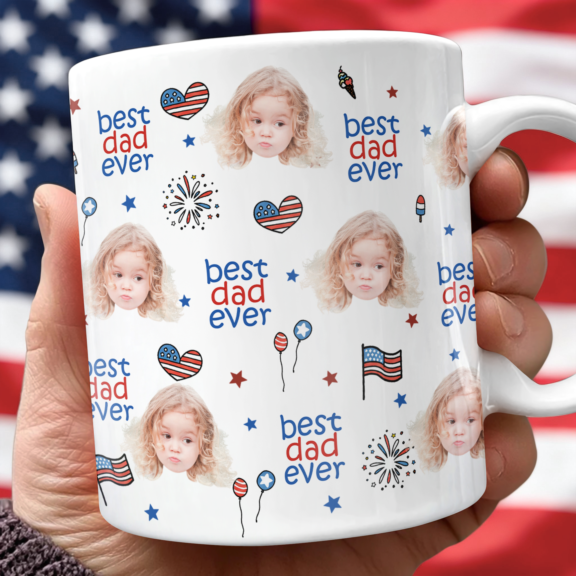 Personalized America Flag Mug Custom Face Gift for Dad HN590 - edge to edge mug GradoCreations