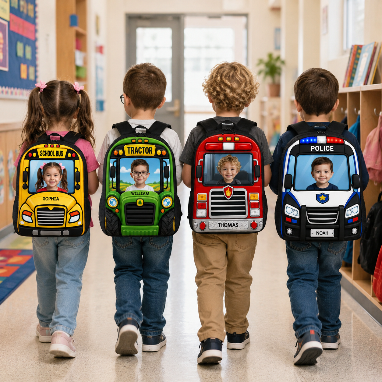Personalized Kids School Bus Backpack Set with Photo and Name - Lunch Bag, Pencil Case & Water Bottle Gift