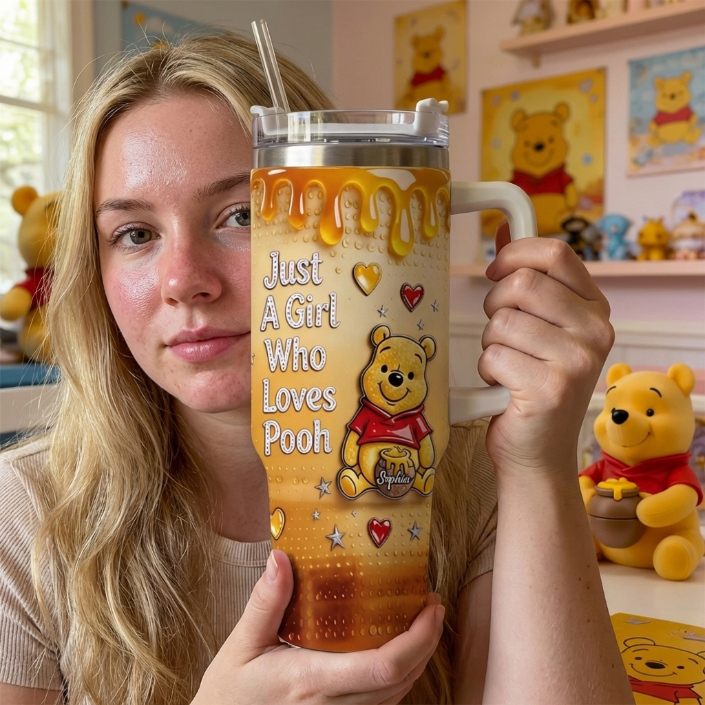 Personalized Pooh Tumbler with Handle Custom Name Gift for Her