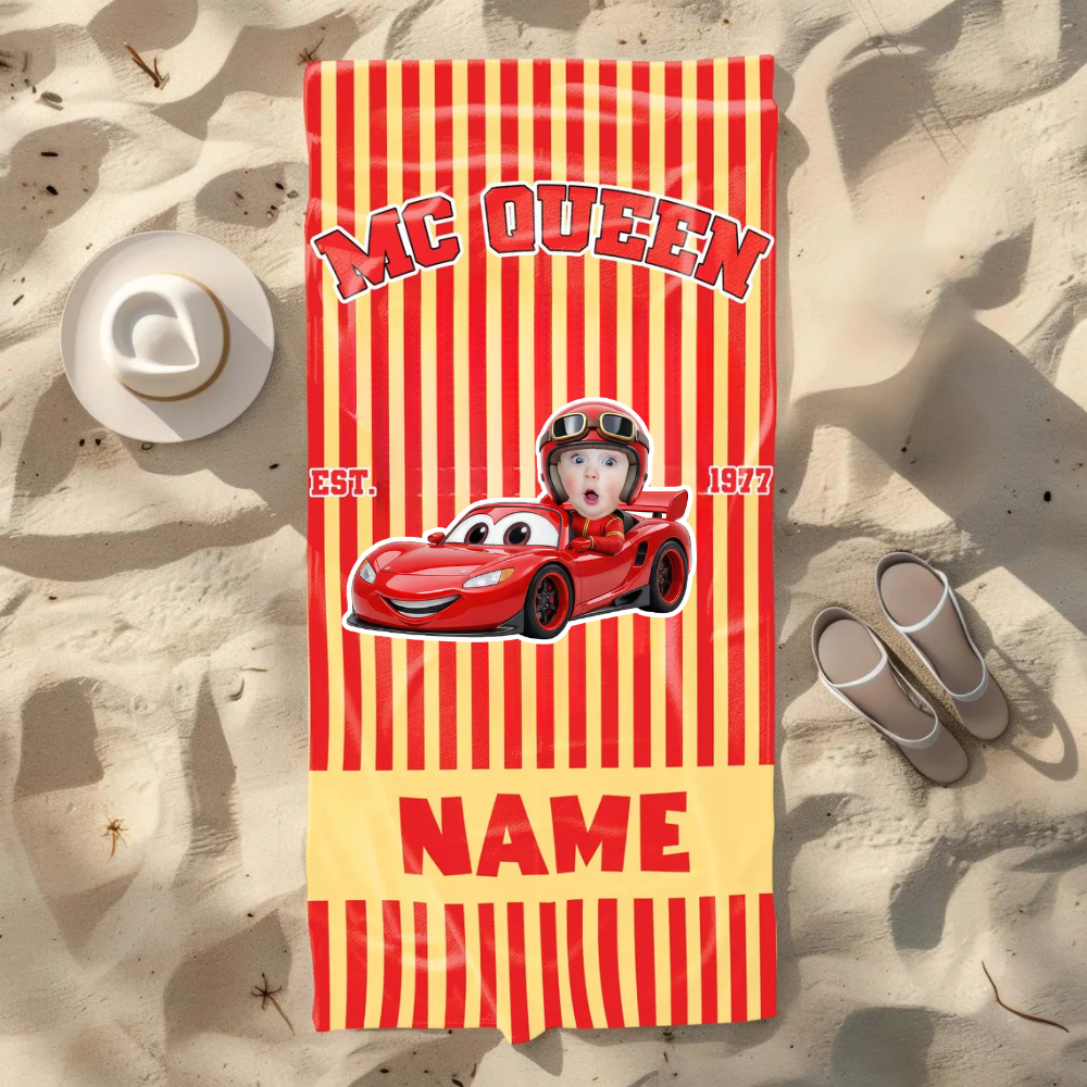 Personalized Cartoon Racing Car Beach Towel Custom Name Gift for Kids