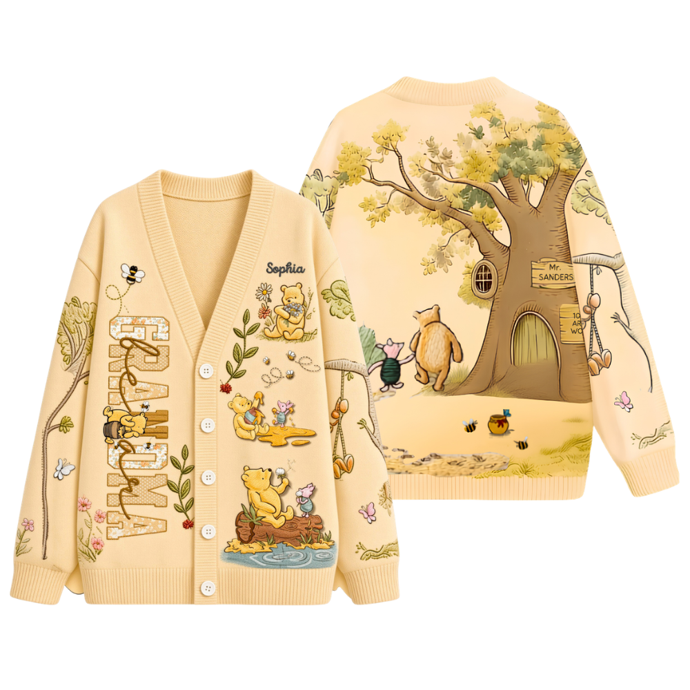 Personalized Honey Bear Knit Cardigan Custom Name Gift for Grandma Mom Cardigan GradoCreations
