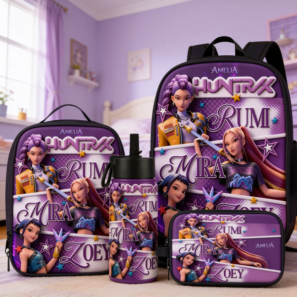 Personalized Cartoon Girl Backpack Set with Lunch Bag, Pencil Case, Water Bottle - School Gifts for Girls School Bag+ GradoCreations