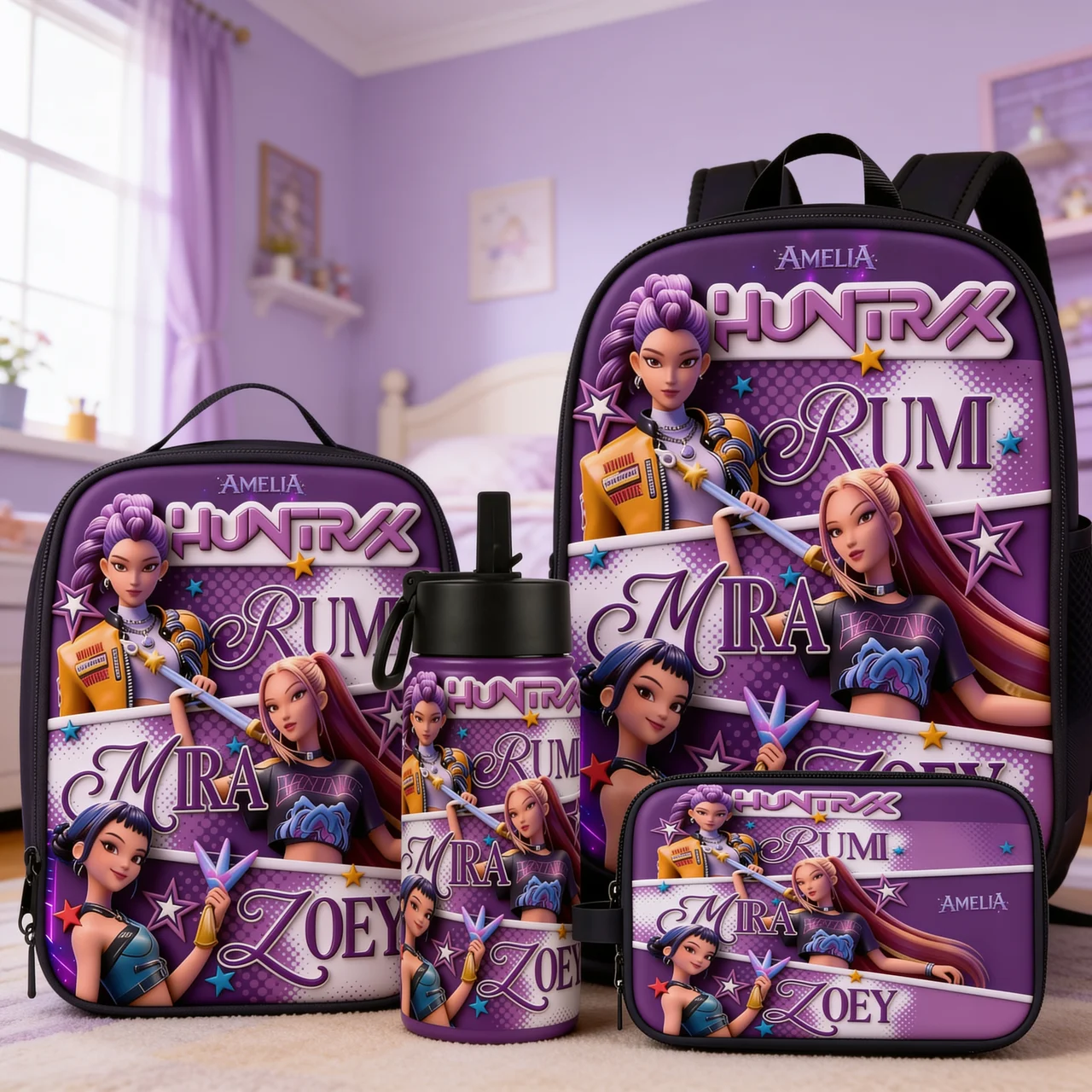 Personalized Cartoon Girl Backpack Set with Lunch Bag, Pencil Case, Water Bottle - School Gifts for Girls School Bag+ GradoCreations