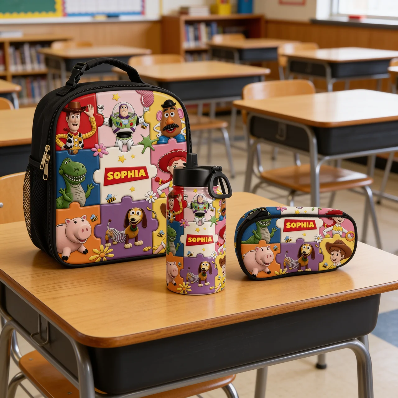 Personalized Cartoon Backpack Lunch Bag Water Bottle Set for Kids