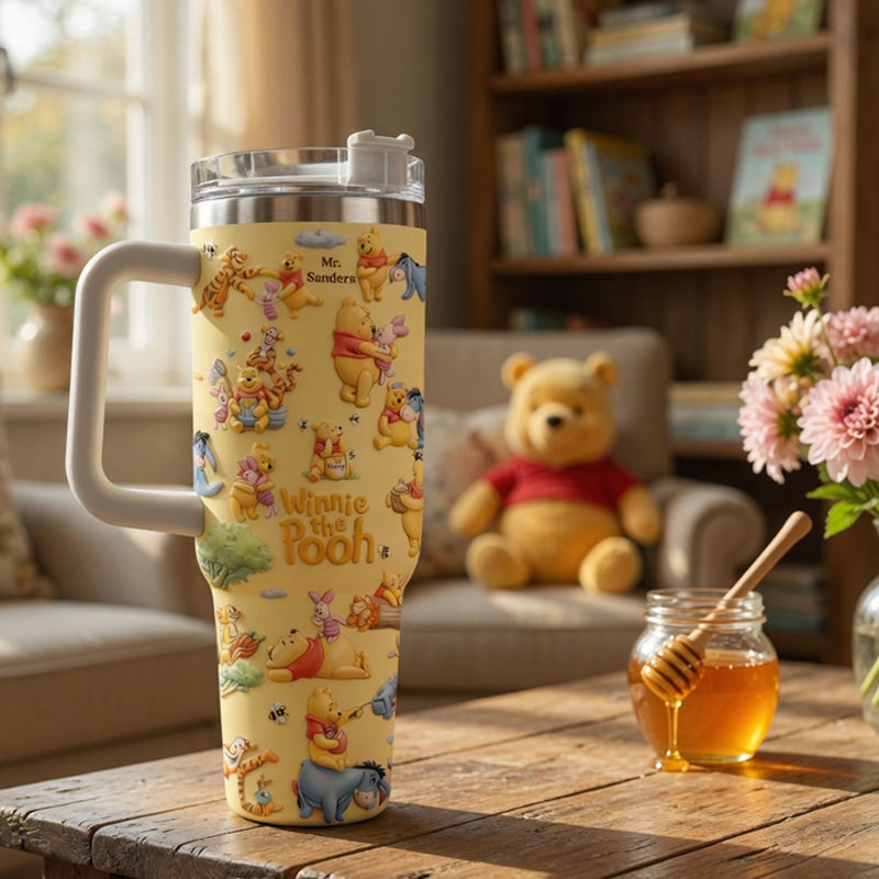 Personalized Winnie the Pooh Tumbler with Handle - Gift for Movie Fans