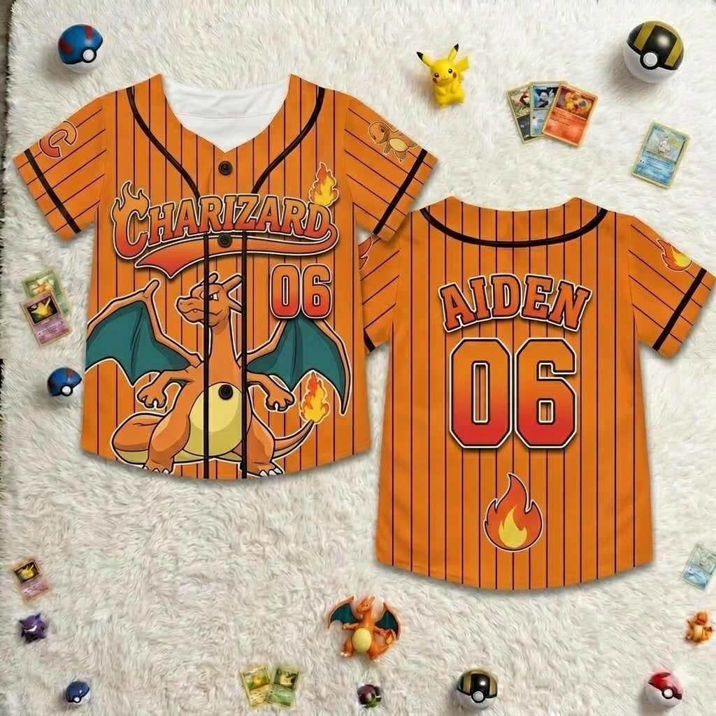 Personalized Kids Baseball Jersey Pokémon Characters Gift for Movie Fans