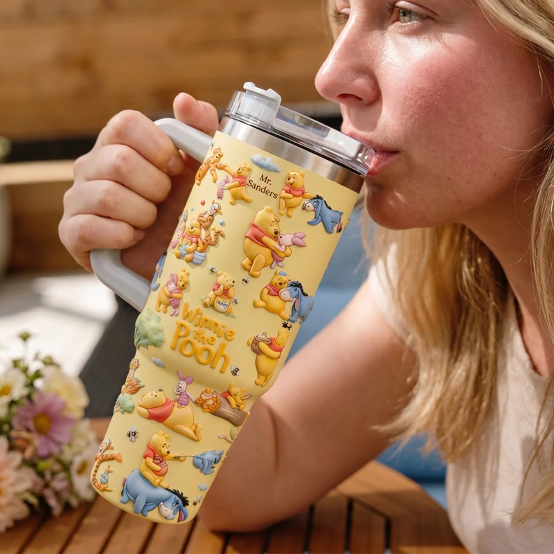 Personalized Winnie the Pooh Tumbler with Handle - Gift for Movie Fans
