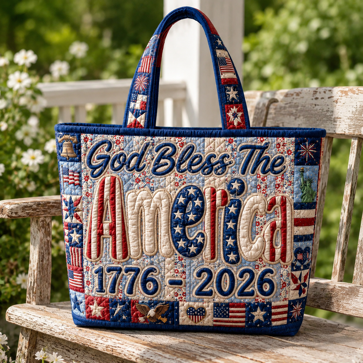Quilted Tote Bag God Bless America 1776-2026 Patriotic Gift for Her