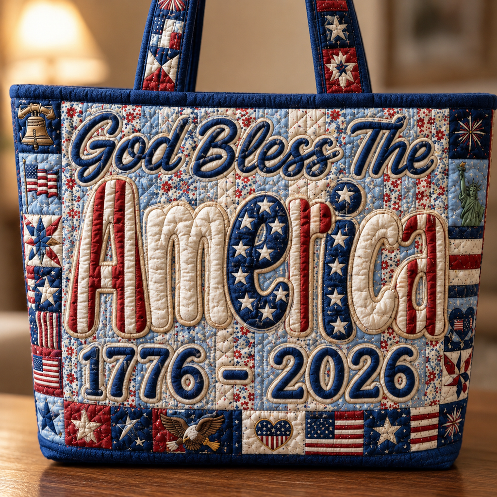 Quilted Tote Bag God Bless America 1776-2026 Patriotic Gift for Her
