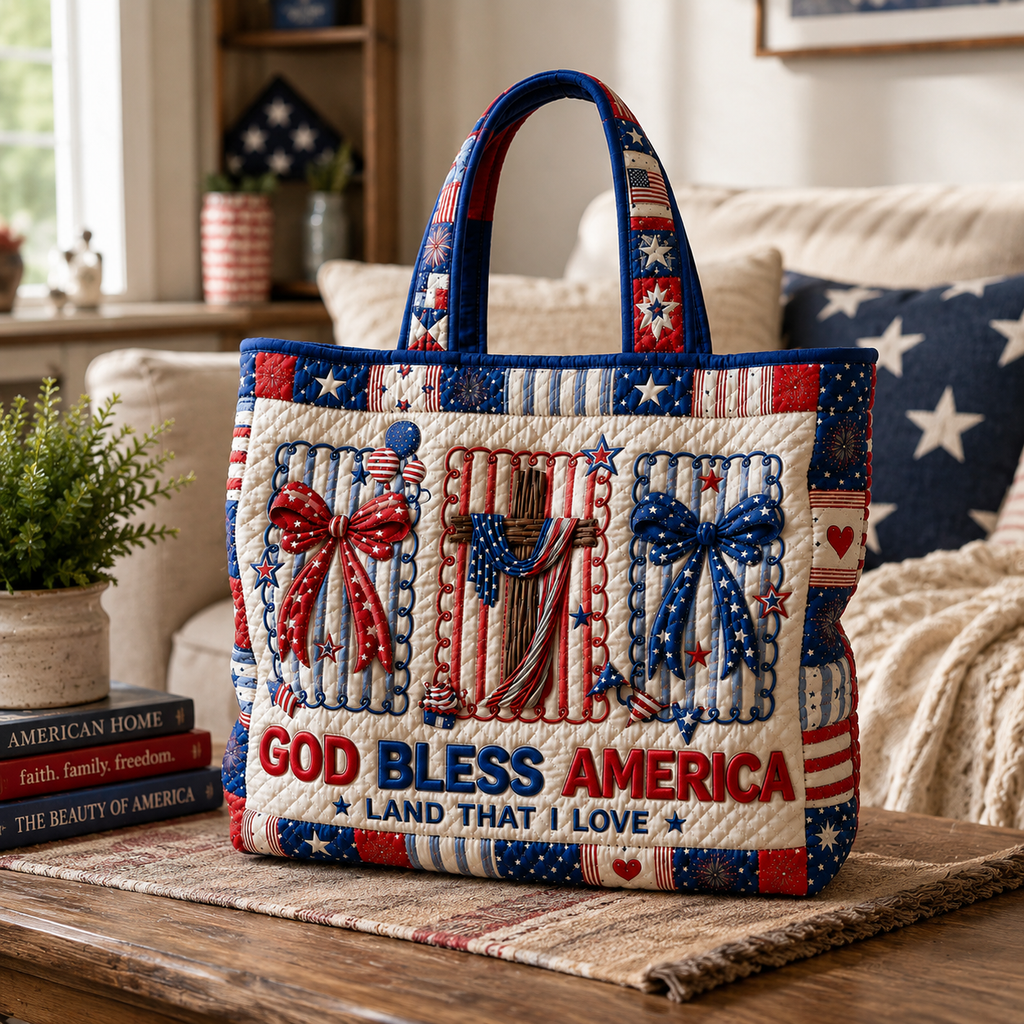 Personalized Quilted Tote Bag God Bless America Gift for Her