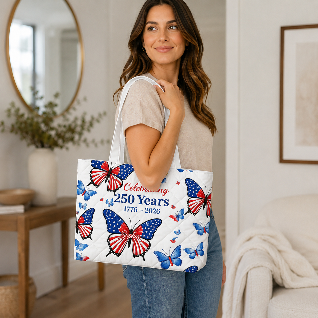 Personalized Quilted Tote Bag Floral Butterfly Gift for Her