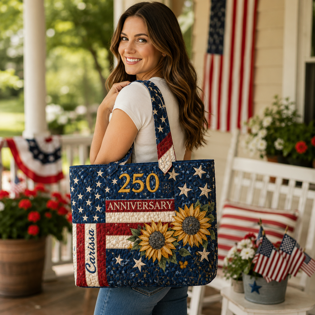 Personalized Patriotic Sunflower Quilted Tote Bag Gift for Her