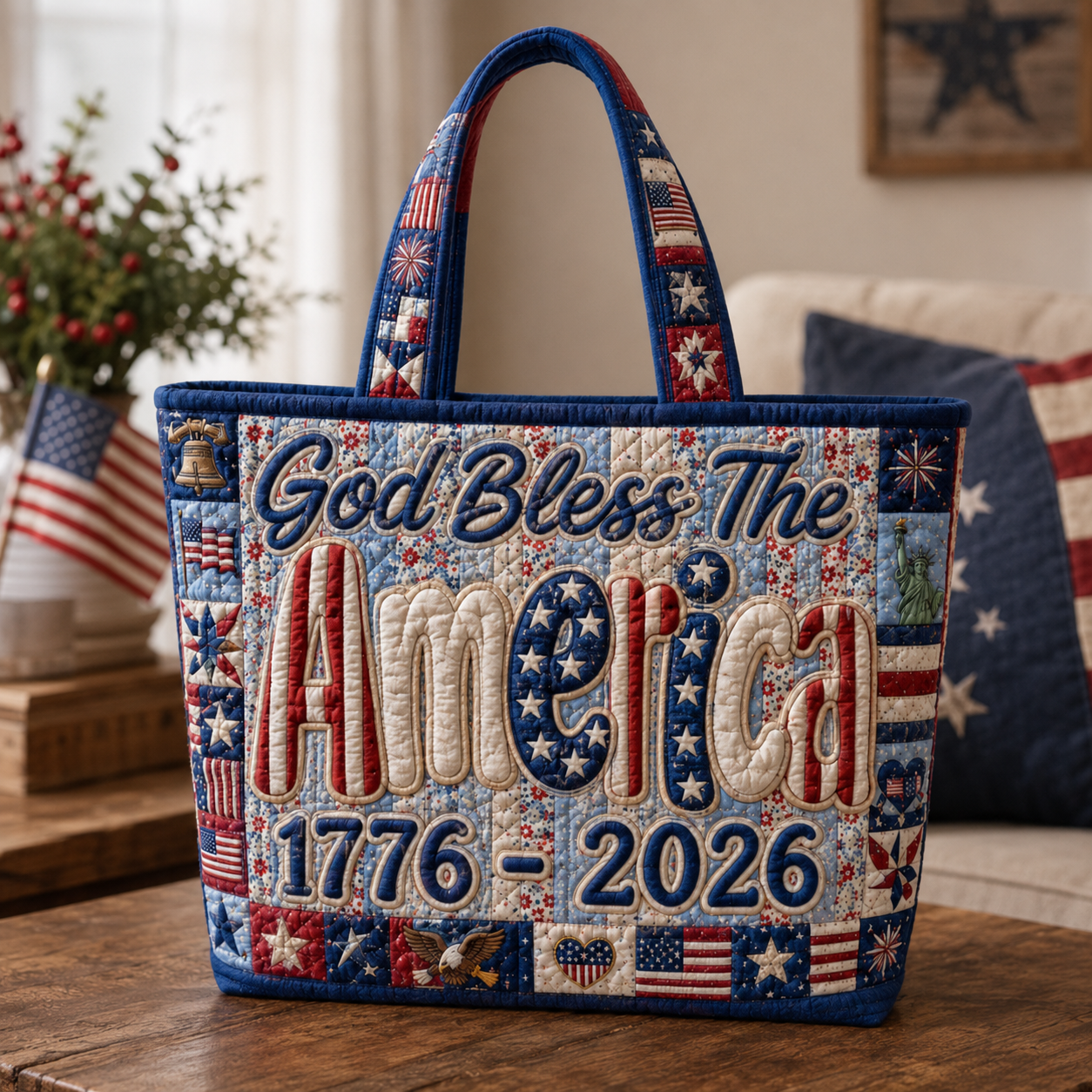 Quilted Tote Bag God Bless America 1776-2026 Patriotic Gift for Her