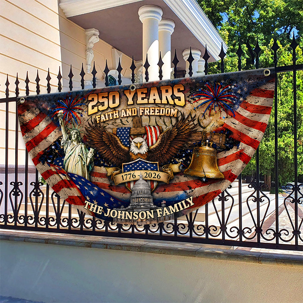 Personalized Family Name Eagle Flag 250 Years Freedom Gift HN590 - Non-Pleated Fan Flag GradoCreations