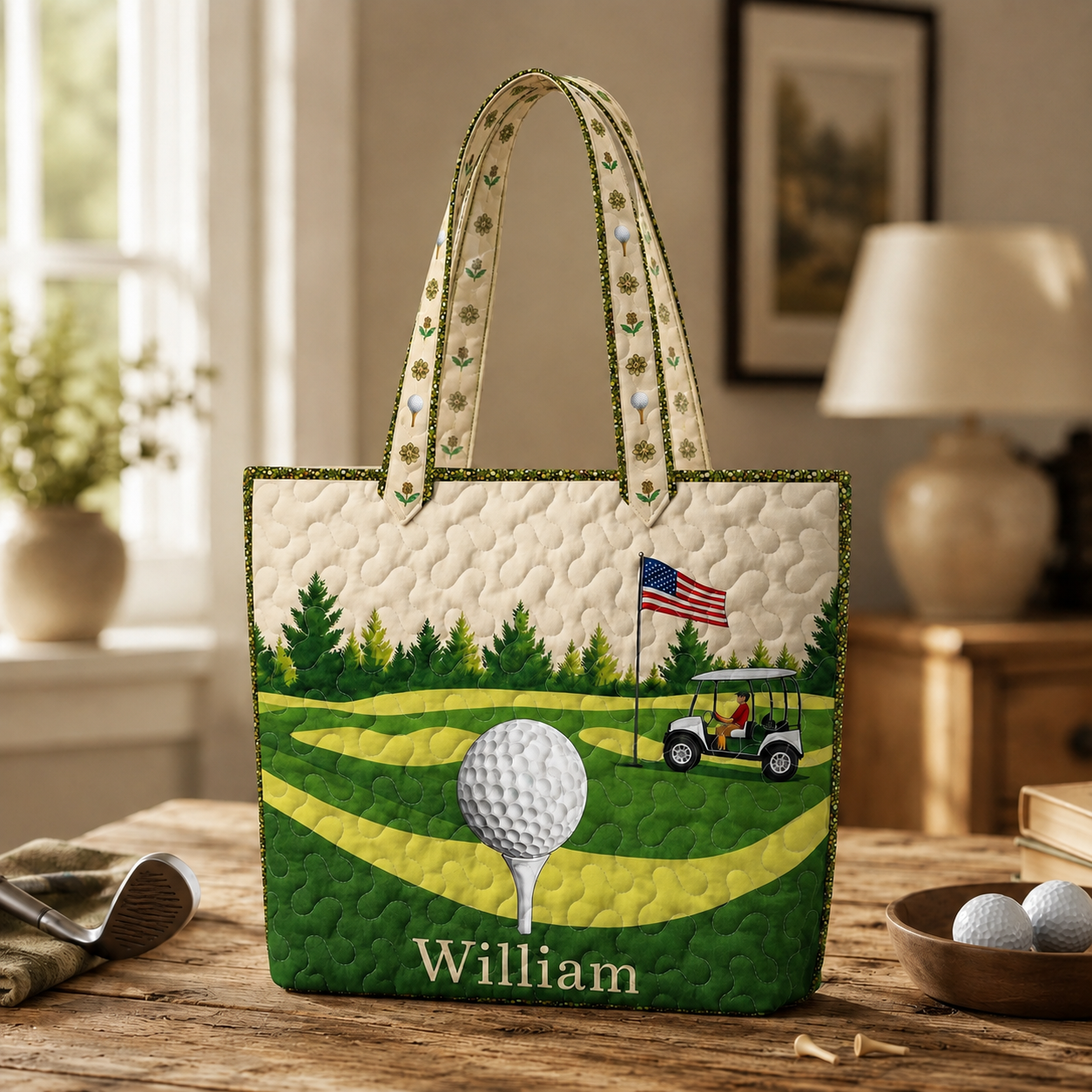 Personalized Quilted Tote Bag Golf Course Design Gift for Golf Lovers
