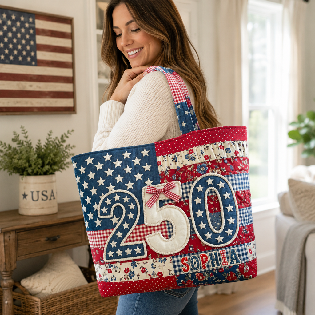 Personalized Patriotic Quilted Tote Bag for Her - 250th Anniversary Gift