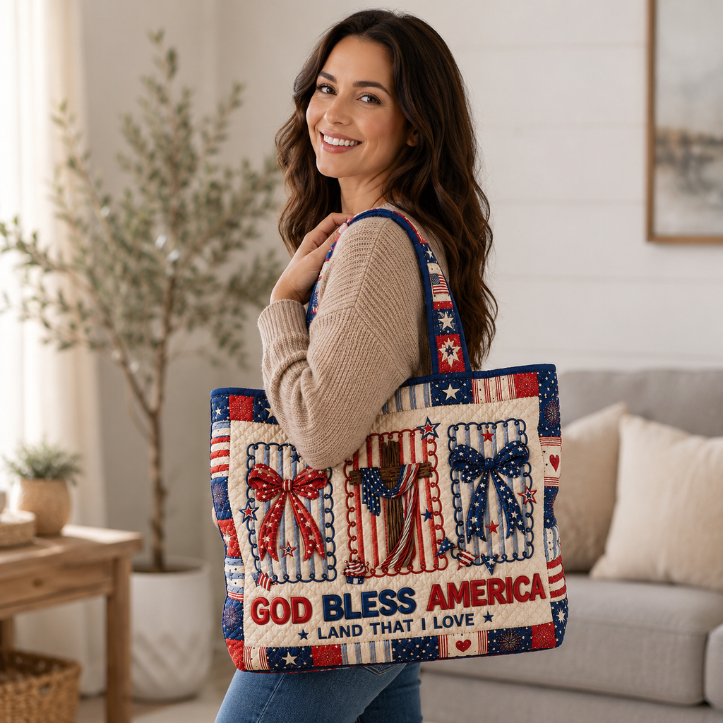 Personalized Quilted Tote Bag God Bless America Gift for Her