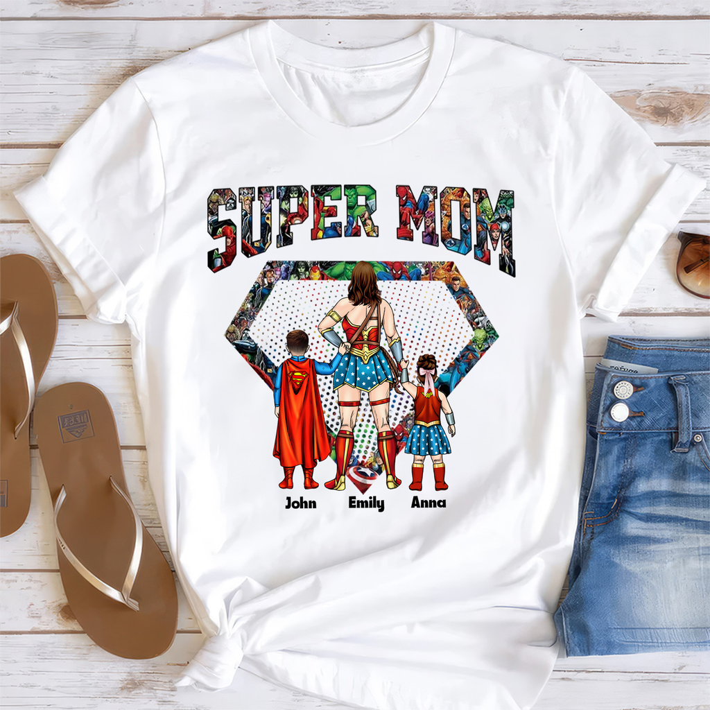 Personalized Super Mom Shirt Custom Family Gift for Mom Cotton Apparel GradoCreations